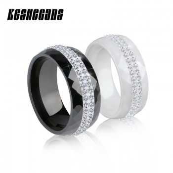 New Arrival Ceramic Ring Multi-faceted Black White Color With 2 Row Rhinestone For Women Exquisite Fashion Jewelry Wedding Gifts