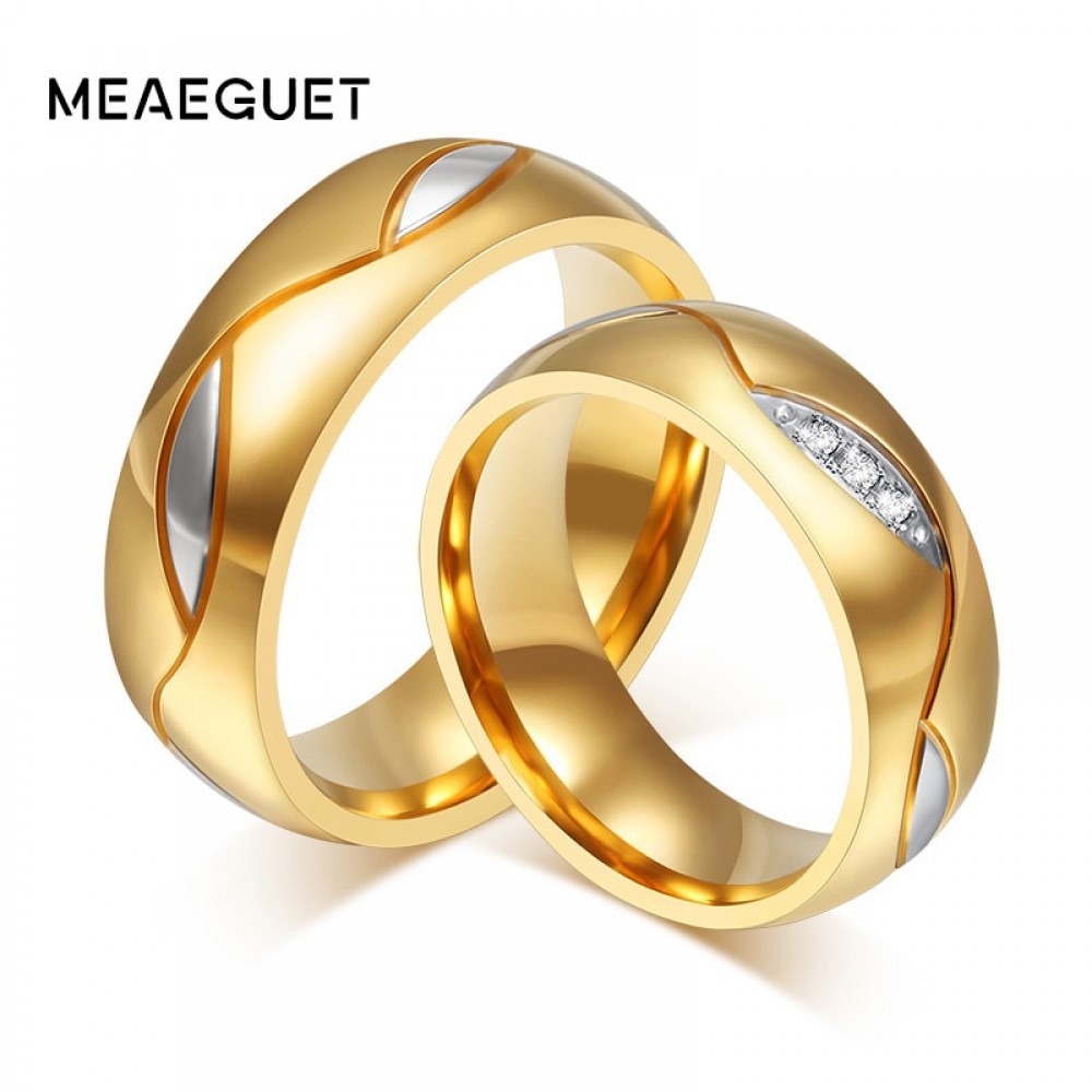 Meaeguet Classic Couple Rings For Lovers Cubic Zirconia Wedding Ring Gold-Color Stainless Steel Anel Jewelry