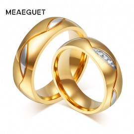 Meaeguet Classic Couple Rings For Lovers Cubic Zirconia Wedding Ring Gold-Color Stainless Steel Anel Jewelry