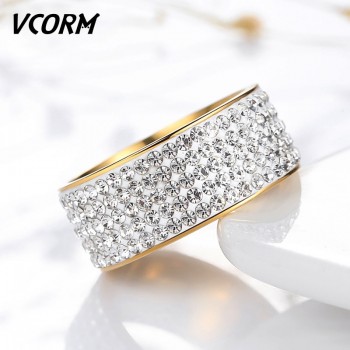 VCORM Women Men Wedding Rings for Women Men Fashion Titanium Steel 5 Row Crystal Engagement Gold Silver Lady Male Ring Jewelry