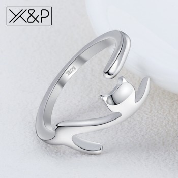 Xamp;P Fashion Korean Cute Romantic Long Tail Silver Sticky Cat Rings for Women Girl Decoration Engagement Adjustable Ring Jewelry