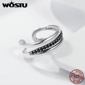 WOSTU Hot Sale Real 925 Sterling Silver Urban Style Black CZ Female Wedding Band Ring Women Party Anniversary Jewelry CQR242