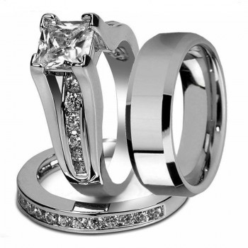 Princess Cut Cubic Zirconia Couple Rings Stainless Steel Wedding Ring Set for Women and Men drop Shipping