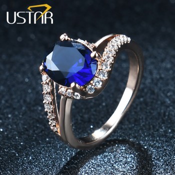 USTAR Oval Green 2.0ct CZ Crystals wedding rings for women Micro Paved 30pcs AAA Zircon engagement rings female anel bague femme