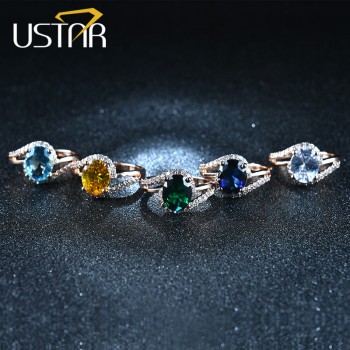 USTAR Oval Green 2.0ct CZ Crystals wedding rings for women Micro Paved 30pcs AAA Zircon engagement rings female anel bague femme