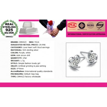 OMHXZJ Wholesale Fashion girl woman jewelry AAA zircon Amethyst purple heart 925 Sterling silver Stud earrings YS16