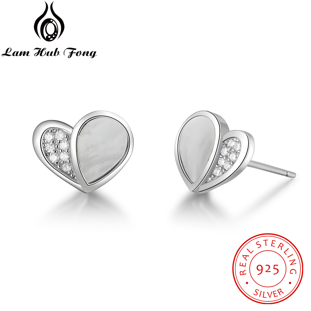 Mother of Pearl Jewelry Elegant 925 Sterling Silver Heart Earrings Zirconia Stud Earrings Gift for Girlfriend (Lam Hub Fong)