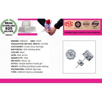 OMHXZJ Wholesale Fashion jewelry Crown natural crystal AAA zircon 925 Sterling Silver Stud Earrings YS29