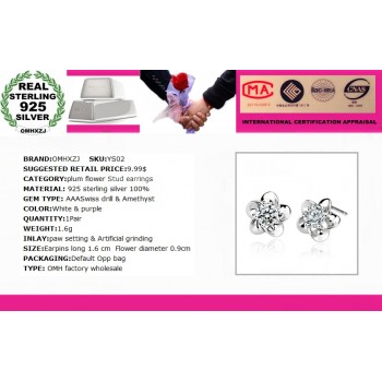 OMHXZJ Wholesale Fashion jewelry crystal five leaves flowers White AAA zircon Amethyst 925 sterling silver Stud earrings YS02