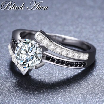 Career 3.9g Classic 925 Sterling Silver Jewelry Row Blackamp;White Stone Wedding Rings for Women Femme Bague C334