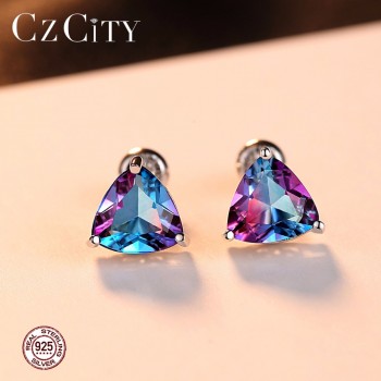 CZCITY Luxury Rainbow Topaz Stud Earrings Real 100% 925 Sterling Silver Fashion Women Earring Jewelry Wholesale