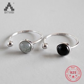 925 Sterling Silver Fashion Personality Cold Wind Geometry Ball Black Agate Opening Ring