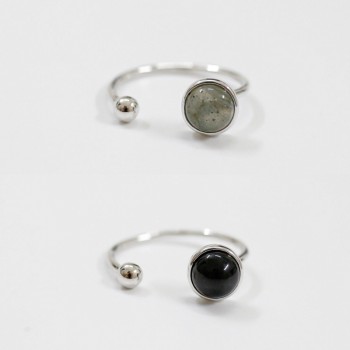 925 Sterling Silver Fashion Personality Cold Wind Geometry Ball Black Agate Opening Ring