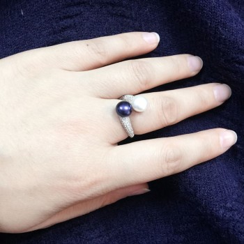 Real 925 Sterling Silver Double Pearl Rings Women, AAA Cubic Zircon Fashion Jewelry Vintage Wedding Rings Gift Black Adjustable