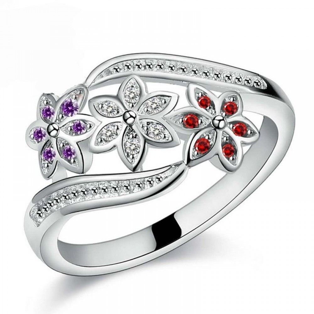 Jemmin Funny Design Three Color CZ Flower Ring for Women Girls Fashion 925 Sterling Silver Rings Wedding Jewelry Size 7 8 9