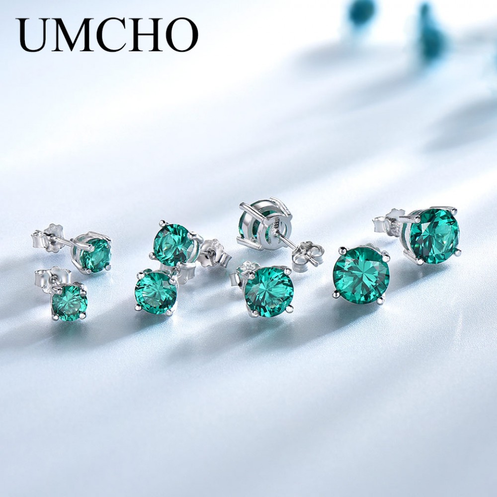 UMCHO Real 925 Sterling Silver Jewelry Created Russian Emerald Stud Earrings Elegant Anniversary For Women Birthday Gifts