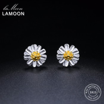 LAMOON 2017 New Handmade Chrysanthemum Flower Shape Real 925-sterling-silver Earrings Fine Jewelry for Women Girl Gift LMEY022