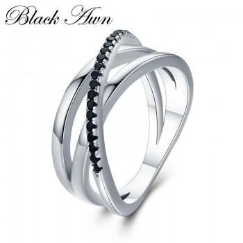 Classic 3.9g 925 Sterling Silver Fine Jewelry Baguet Row Engagement Black Spinel Wedding Rings for Women Bijoux Femme G006