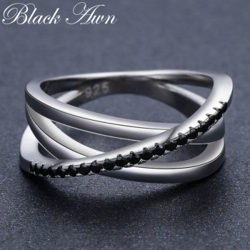Classic 3.9g 925 Sterling Silver Fine Jewelry Baguet Row Engagement Black Spinel Wedding Rings for Women Bijoux Femme G006