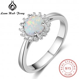 Flower Round White Fire Opal Rings for Women Real 925 Sterling Silver Wedding Engagement Ring Zircon Jewelry (Lam Hub Fong)