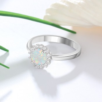 Flower Round White Fire Opal Rings for Women Real 925 Sterling Silver Wedding Engagement Ring Zircon Jewelry (Lam Hub Fong)