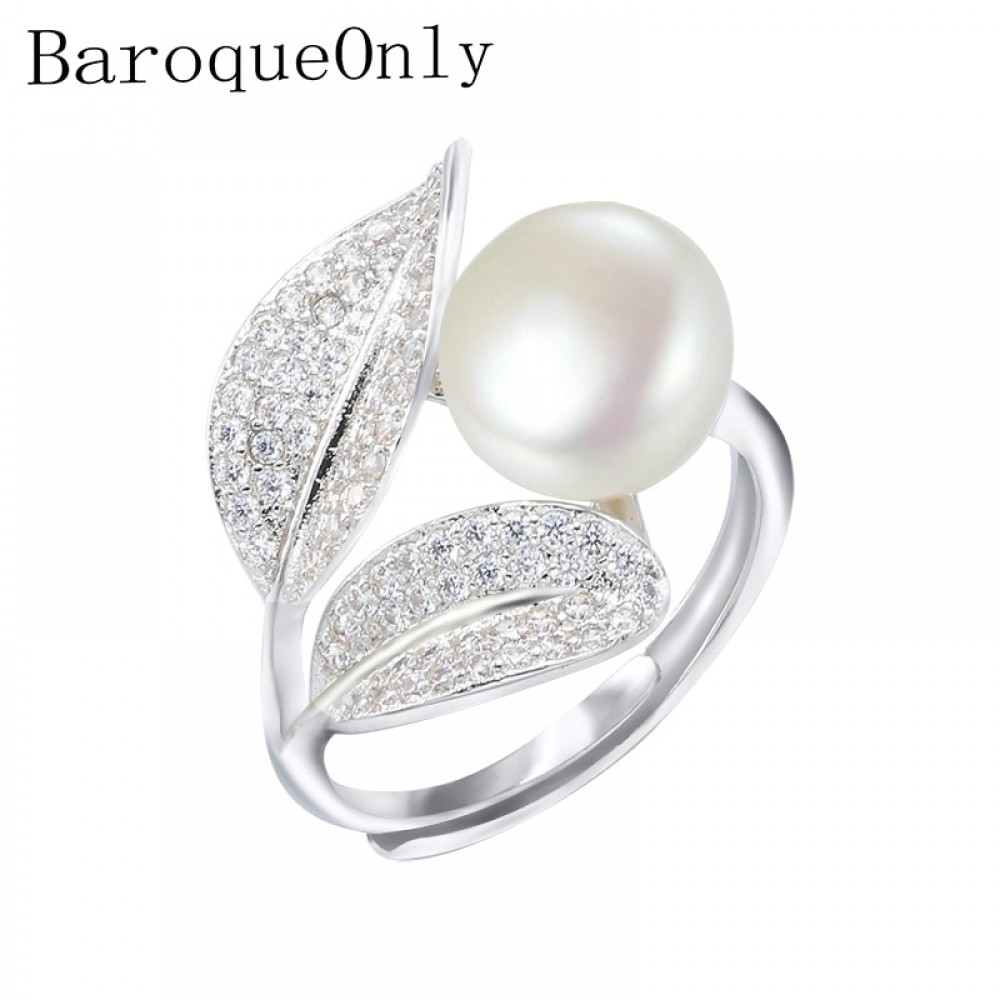 BaroqueOnly Romantic and Shiny Leaf Ring 9-10mm WHITE PINK BLUE Freshwater Pearl Best Christmas Gift for Woman
