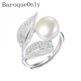 BaroqueOnly Romantic and Shiny Leaf Ring 9-10mm WHITE PINK BLUE Freshwater Pearl Best Christmas Gift for Woman