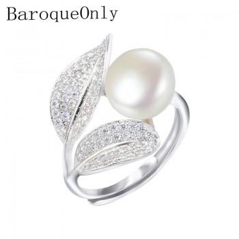 BaroqueOnly Romantic and Shiny Leaf Ring 9-10mm WHITE PINK BLUE Freshwater Pearl Best Christmas Gift for Woman