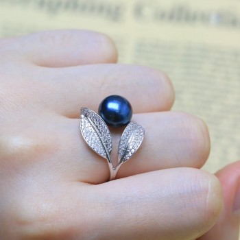 BaroqueOnly Romantic and Shiny Leaf Ring 9-10mm WHITE PINK BLUE Freshwater Pearl Best Christmas Gift for Woman