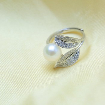 BaroqueOnly Romantic and Shiny Leaf Ring 9-10mm WHITE PINK BLUE Freshwater Pearl Best Christmas Gift for Woman