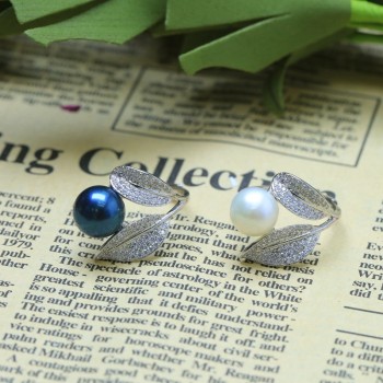 BaroqueOnly Romantic and Shiny Leaf Ring 9-10mm WHITE PINK BLUE Freshwater Pearl Best Christmas Gift for Woman