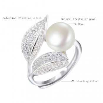 BaroqueOnly Romantic and Shiny Leaf Ring 9-10mm WHITE PINK BLUE Freshwater Pearl Best Christmas Gift for Woman