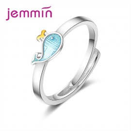 JEXXI New Fashion Personality Animal Dolphin Design Sparking CZ Crystal 925 Sterling Silver Opening Ring Girls Christmas Gift