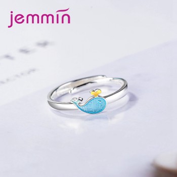 JEXXI New Fashion Personality Animal Dolphin Design Sparking CZ Crystal 925 Sterling Silver Opening Ring Girls Christmas Gift