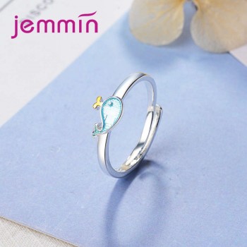 JEXXI New Fashion Personality Animal Dolphin Design Sparking CZ Crystal 925 Sterling Silver Opening Ring Girls Christmas Gift