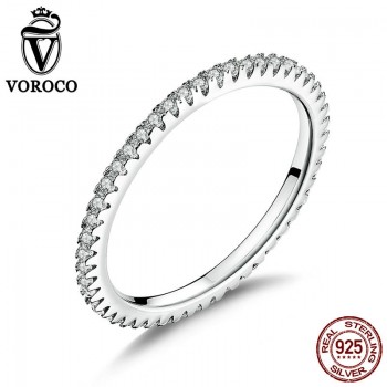 VOROCO 2018 Hot Sell Simple Design Round Ring Glitter Real 925 Sterling Silver Clear CZ Crystal Rings Woman Fine Jewelry BKR066