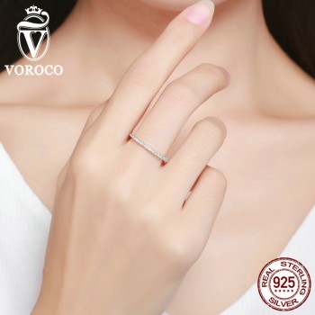 VOROCO 2018 Hot Sell Simple Design Round Ring Glitter Real 925 Sterling Silver Clear CZ Crystal Rings Woman Fine Jewelry BKR066