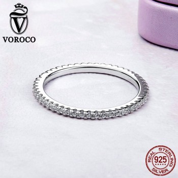 VOROCO 2018 Hot Sell Simple Design Round Ring Glitter Real 925 Sterling Silver Clear CZ Crystal Rings Woman Fine Jewelry BKR066