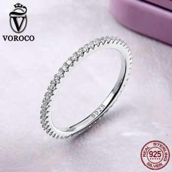 VOROCO 2018 Hot Sell Simple Design Round Ring Glitter Real 925 Sterling Silver Clear CZ Crystal Rings Woman Fine Jewelry BKR066
