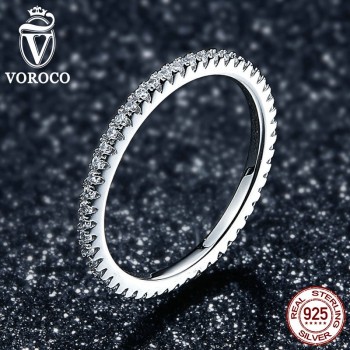 VOROCO 2018 Hot Sell Simple Design Round Ring Glitter Real 925 Sterling Silver Clear CZ Crystal Rings Woman Fine Jewelry BKR066