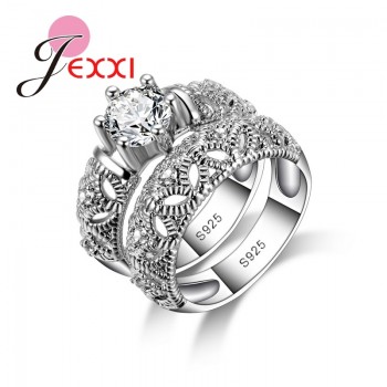 JEMMIN Charming Shiny 925 Sterling Silver Wedding 2 Rings Set For Couple Exquisite CZ Crystal Engagement Anniversary Jewelry