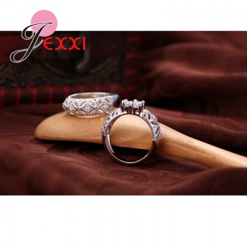 JEMMIN Charming Shiny 925 Sterling Silver Wedding 2 Rings Set For Couple Exquisite CZ Crystal Engagement Anniversary Jewelry