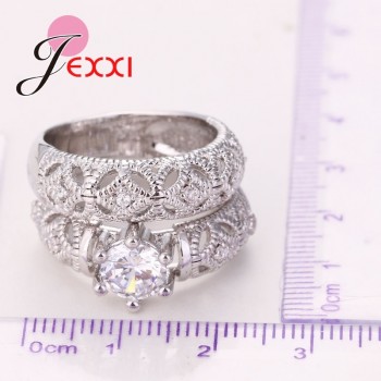JEMMIN Charming Shiny 925 Sterling Silver Wedding 2 Rings Set For Couple Exquisite CZ Crystal Engagement Anniversary Jewelry