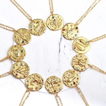 Sauvoo 2019 Women Men 12 Constellation Zodiac Necklace Gold Long Chain Cancer Taurus Leo Pendant Necklace Valentines Day Gift