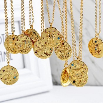 Sauvoo 2019 Women Men 12 Constellation Zodiac Necklace Gold Long Chain Cancer Taurus Leo Pendant Necklace Valentines Day Gift