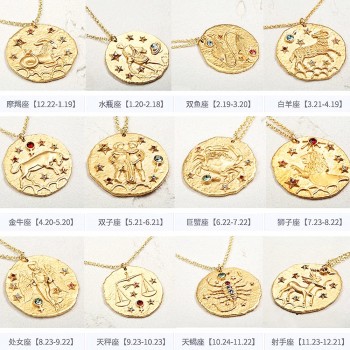 Sauvoo 2019 Women Men 12 Constellation Zodiac Necklace Gold Long Chain Cancer Taurus Leo Pendant Necklace Valentines Day Gift