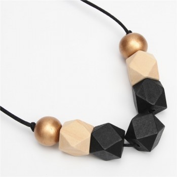 1pc New Wood Geometric Necklace Painted Chunky Faceted Wooden Beads Ball Chunky Leather Cord Brown Black Statement E2070