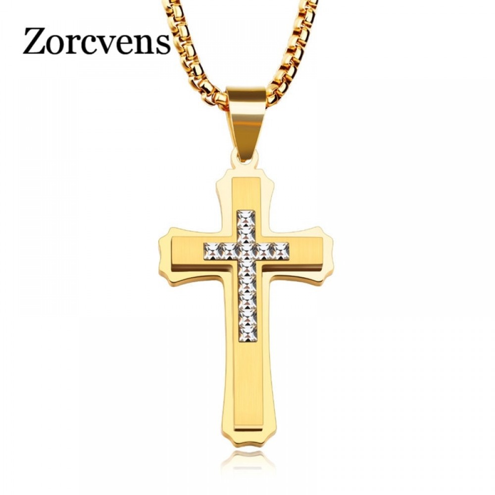 Modyle Love Gold Color Jesus Cross Necklaces amp; Pendants For Women Men Gifts Collier CZ Stone Fashion Stainless Steel Jewelry