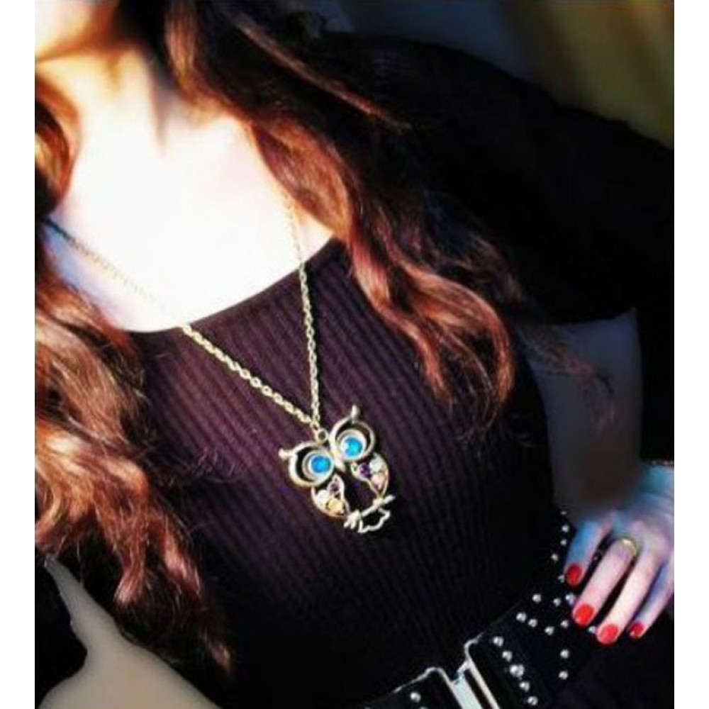 HOT Brand Fashion man women girls Crystal Big Blue Eyed Owl Long Chain Pendant Sweater Coat Necklace     1035#1
