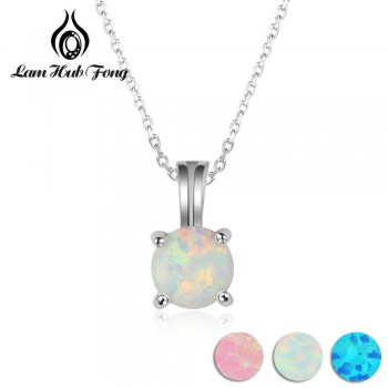 925 Sterling Silver Necklace with 6mm Round White Pink Blue Opal Women Pendant Necklaces Birthday Gift  for Girls (Lam Hub Fong)